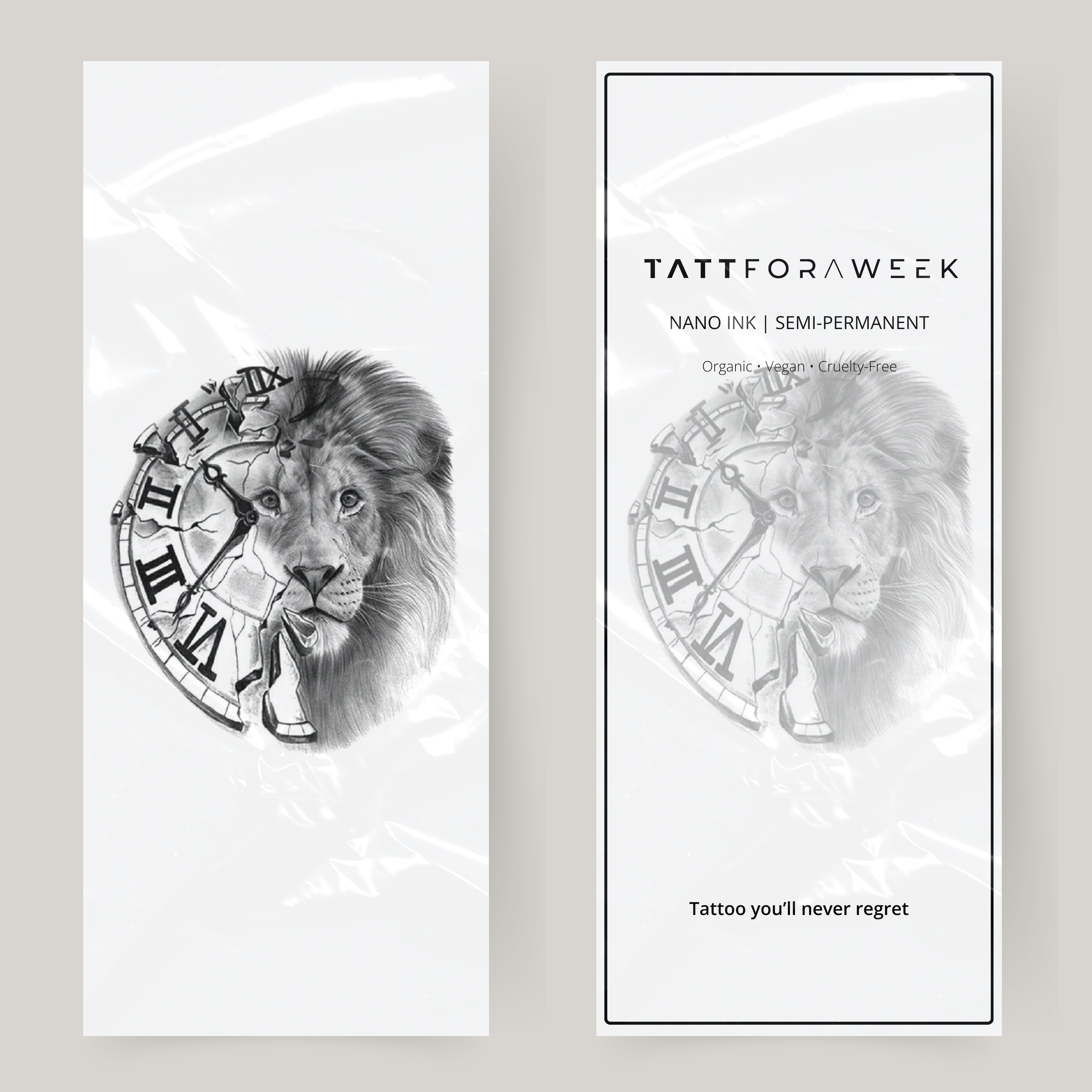 Grande orologio tatuaggio finto e leone