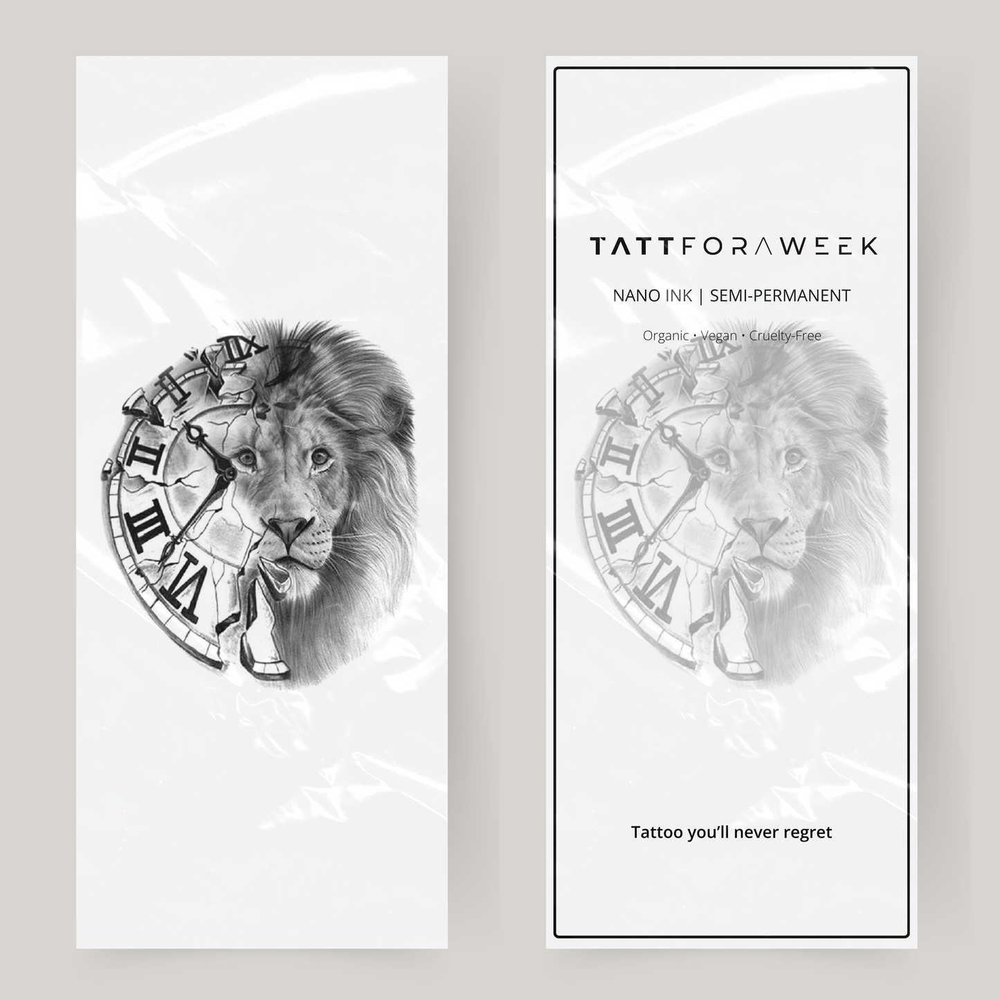 Grande orologio tatuaggio finto e leone