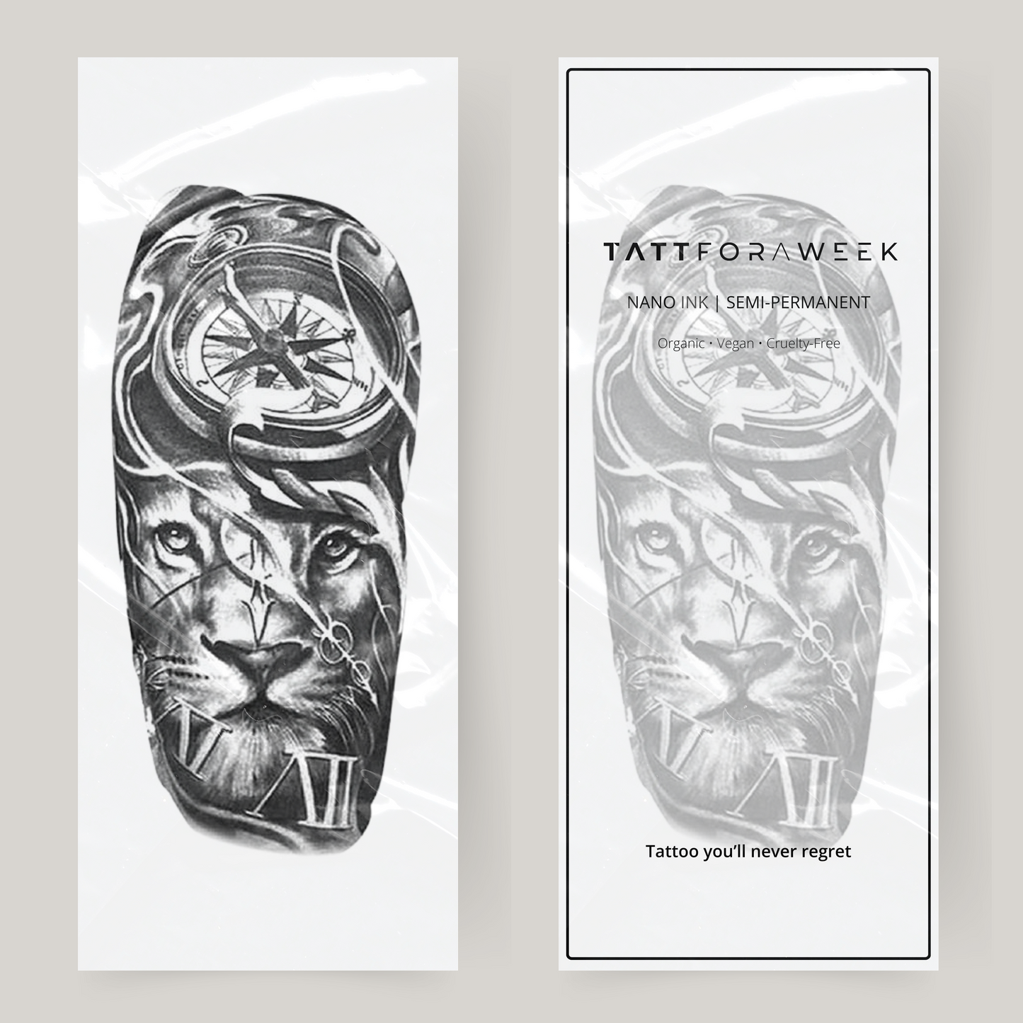 Leone e orologio con manica tatuaggio finto