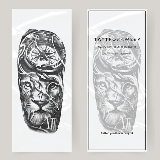 Leone e orologio con manica tatuaggio finto